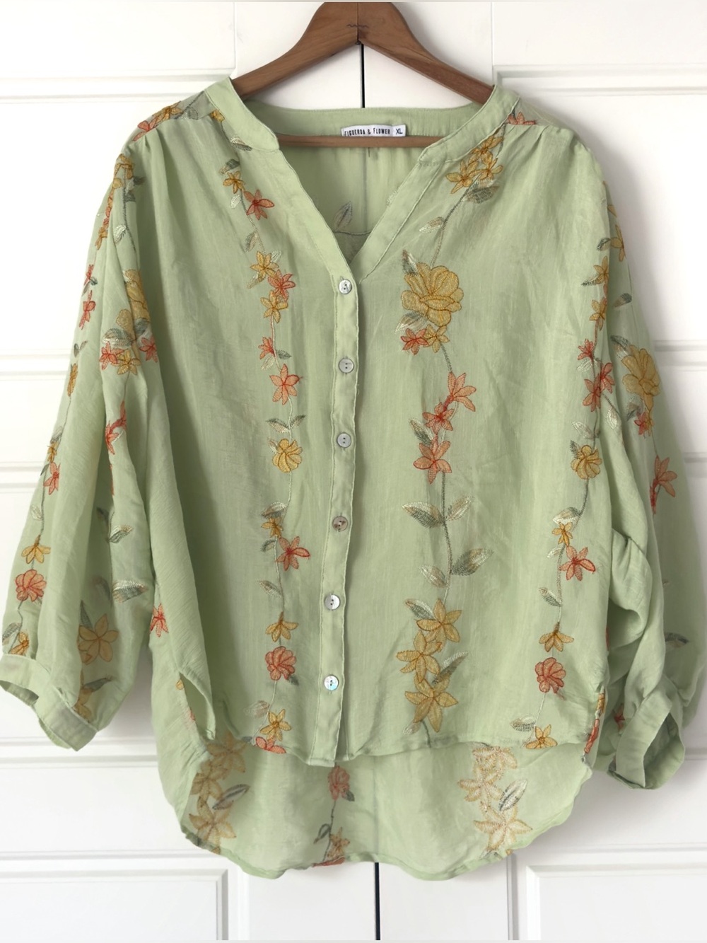 Figueroa Flower Floral Embroidered Button Up Tunic Blouse Womens XL Green Boho